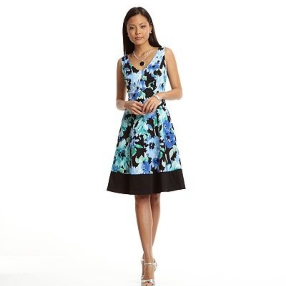 Chaps Blue Green Floral Cotton Sheath Dress Size 4 Sleeveless Colorful Sundress
